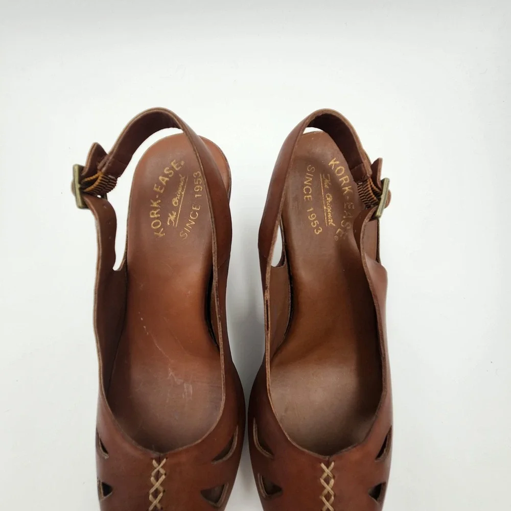 Kork-Ease Bette Tan Leather Platform Wedge Sandals Slingback Peep Toe Brown 9